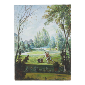 Vintage Landscape Painting of Garden Lawn Scene With Figures