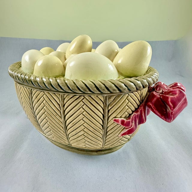 French Majolica Choisy Le Roi Egg Basket & Bows Lidded Tureen For Sale - Image 10 of 18