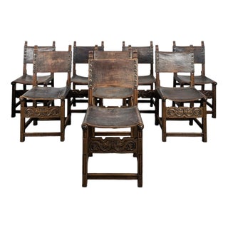Gothic Chairs in Oak and Studded Leather, Set of 8 For Sale