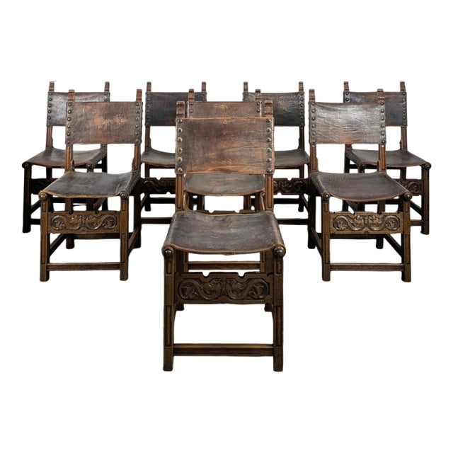 Gothic Chairs in Oak and Studded Leather, Set of 8 For Sale