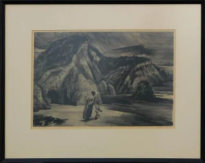 1950 "The Cove" Abstract Landscape of a Desert with Mother and Child Lithograph by William Givler, Framed