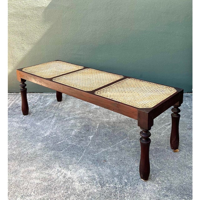 Coffee Vintage Anglo Indian Inset Cane Bench For Sale - Image 8 of 12