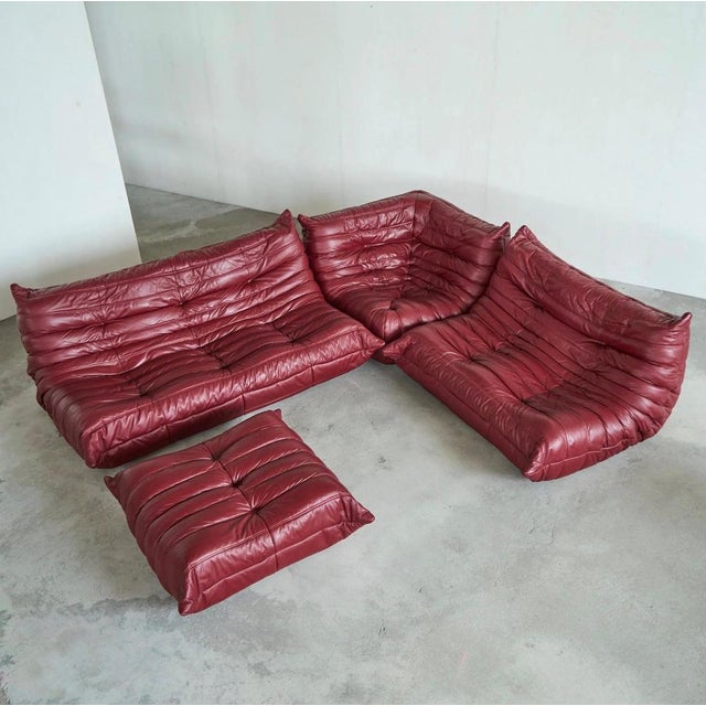 Togo Modular Sofa in Oxblood Red Leather attributed to Michel Ducaroy for Ligne Roset, 2000s, Set of 4 For Sale - Image 10 of 18
