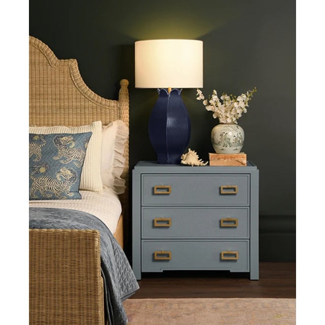 2020s Matthew Izzo Home Mae Matte Navy Blue Glaze Ceramic Table Lamp With Shade and Ceramic Finial For Sale - Image 5 of 6