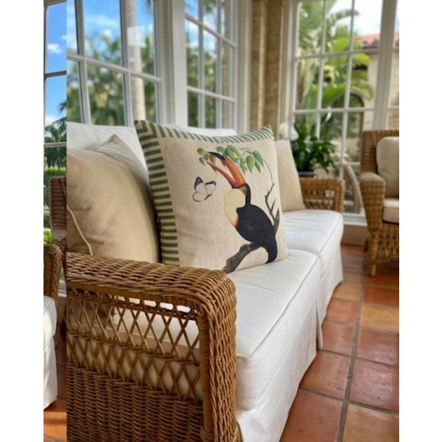 Linen Vintage British Colonial Style Linen Toucan Accent Pillow For Sale - Image 8 of 12