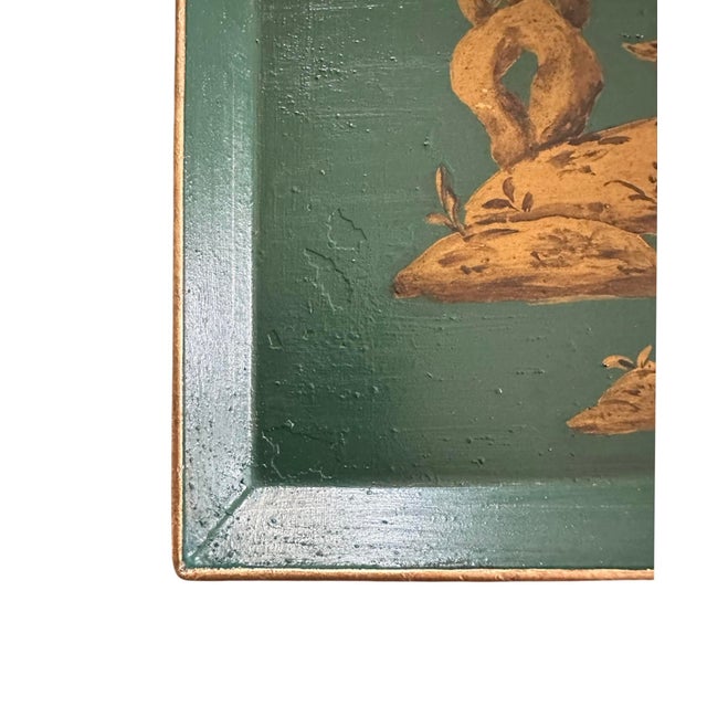 Chinoiserie Vintage Chinoiserie Gilt & Teal Green Tole Peinte Square Vide Poche / Valet / Tray With Hand Painted Pagoda Detailing, Circa 1960 For Sale - Image 3 of 5