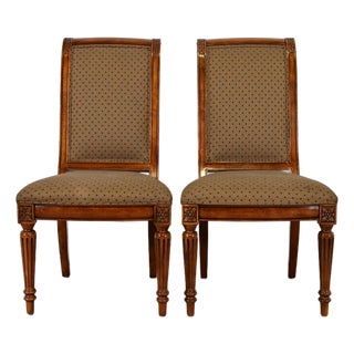 Ethan Allen French Regency Louis XVI Carved Cherry Wood Upholstered Side Chairs or Dining Chairs, Pair For Sale