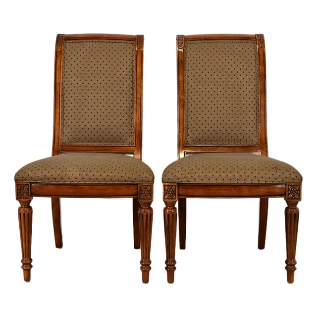 Ethan Allen French Regency Louis XVI Carved Cherry Wood Upholstered Side Chairs or Dining Chairs, Pair For Sale