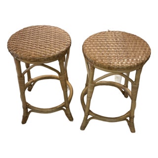 Vintage Pair Palm Beach Coastal Rattan Woven Stools Benches For Sale