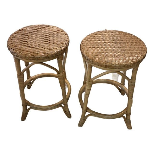 Vintage Pair Palm Beach Coastal Rattan Woven Stools Benches For Sale
