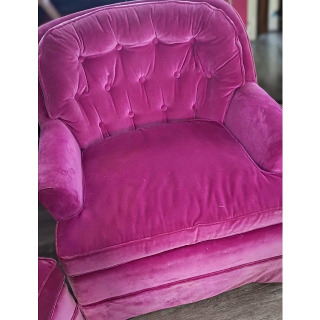 1960s Pair of W. & J. Sloane Vintage MCM Fuschia Pink Velvet Swivel-Rocker Chairs For Sale - Image 5 of 5