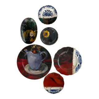 Wall Art Installation: Composition of Ceramic Plates and Oil on Canvas - "Still Life in Red and Blue" - Set of 6 For Sale