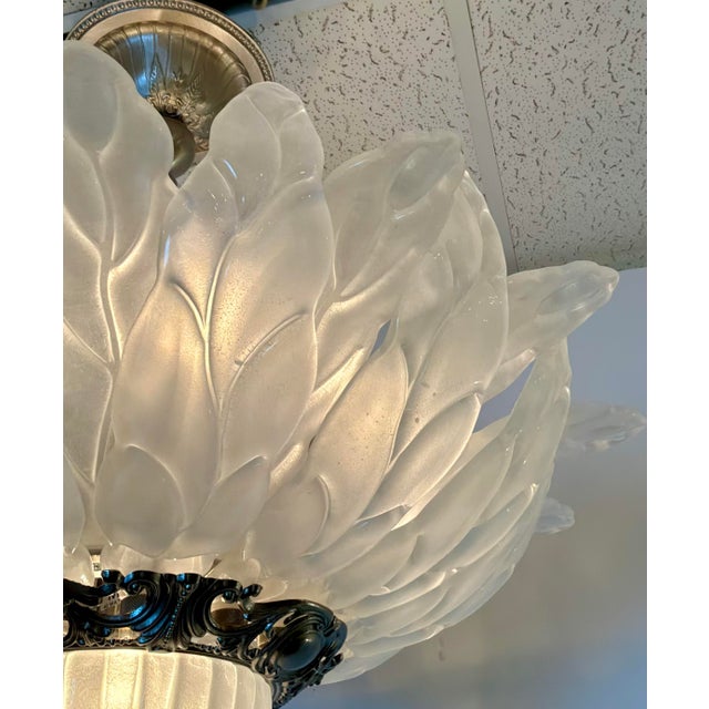 Original retail $6657, neoclassical Myran Allan Luxury Lighting Vintage Italian Satin Glass and Silver Semi Flush...