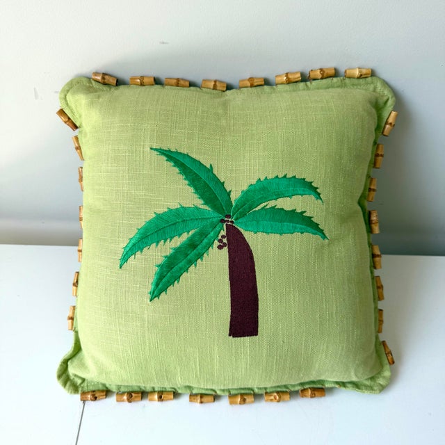 Palm Tree Grasscloth and Bamboo Fringe Throw Pillows – A Pair For Sale - Image 4 of 6