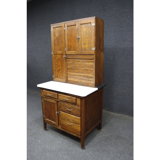 Rare Antique Oak Hoosier Cabinet With Porcelain Work Surface For Sale - Image 4 of 10