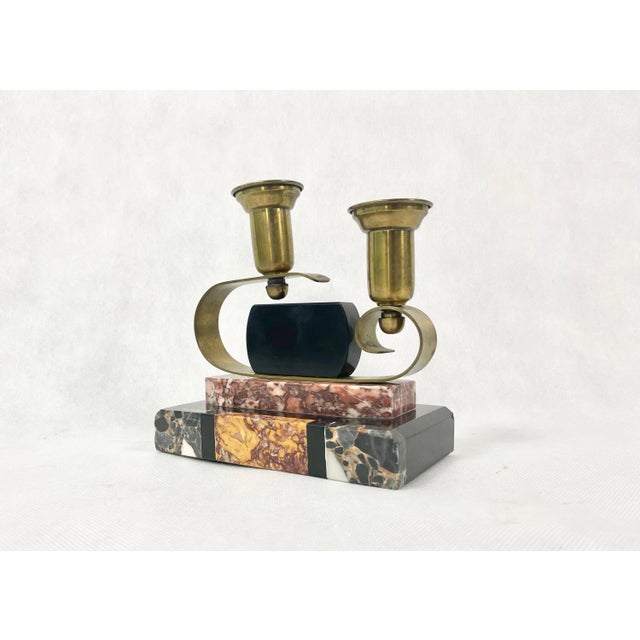 French Art Deco Brass and Marble Candleholder, 1920s For Sale - Image 4 of 12