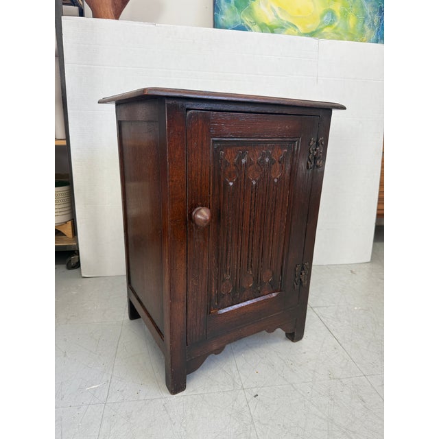 Wood 1970s Vintage Uk Imported Accent Table or Side Cabinet With Welsh Influences Carved Possibly Oak Door With Drop Hinges Dark Stained Wood For Sale - Image 7 of 10