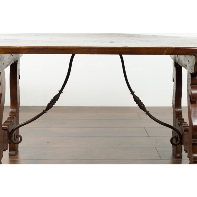 Italian 1820s Walnut Low Fratino Table with Lyre-Shaped Base and Iron Stretchers For Sale - Image 10 of 12