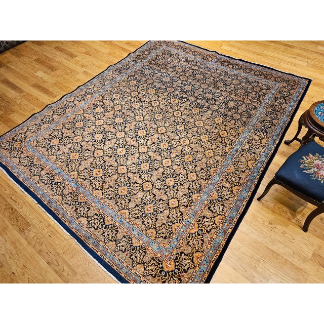 Vintage Persian Tabriz Rug, Hand-Knotted Wool, Allover Geometric Pattern, Navy & Tan, 9x11 For Sale In Chicago - Image 6 of 15