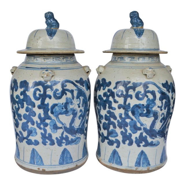 Large Chinoiserie Blue and White Scroll and Leaf Ginger Jars, a Pair For Sale
