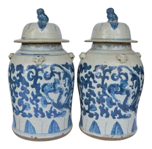 Large Chinoiserie Blue and White Scroll and Leaf Ginger Jars, a Pair