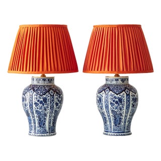 Delft Blue Ceramic Table Lamps with Persimmon Silk Shades from Boch Frères, 1960s, Set of 2 For Sale