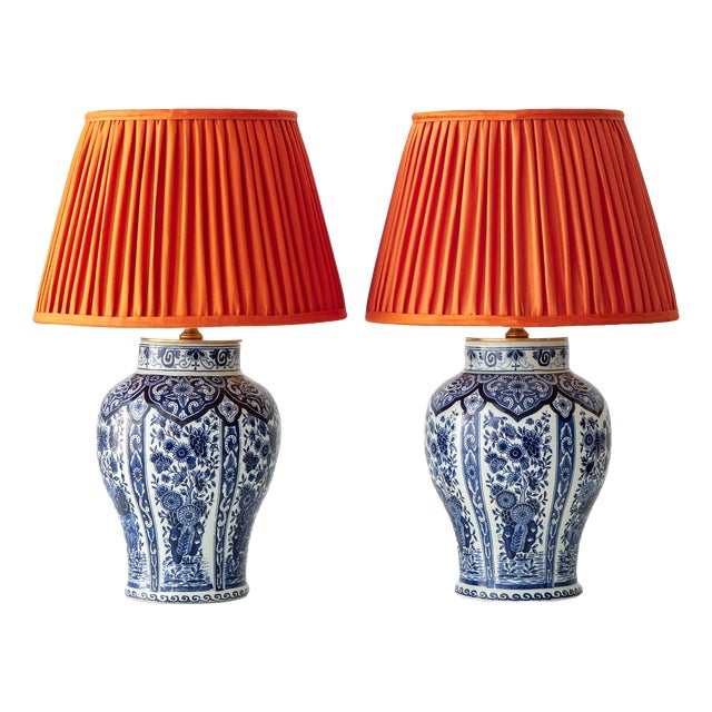 Delft Blue Ceramic Table Lamps with Persimmon Silk Shades from Boch Frères, 1960s, Set of 2 For Sale