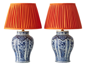 Delft Blue Ceramic Table Lamps with Persimmon Silk Shades from Boch Frères, 1960s, Set of 2