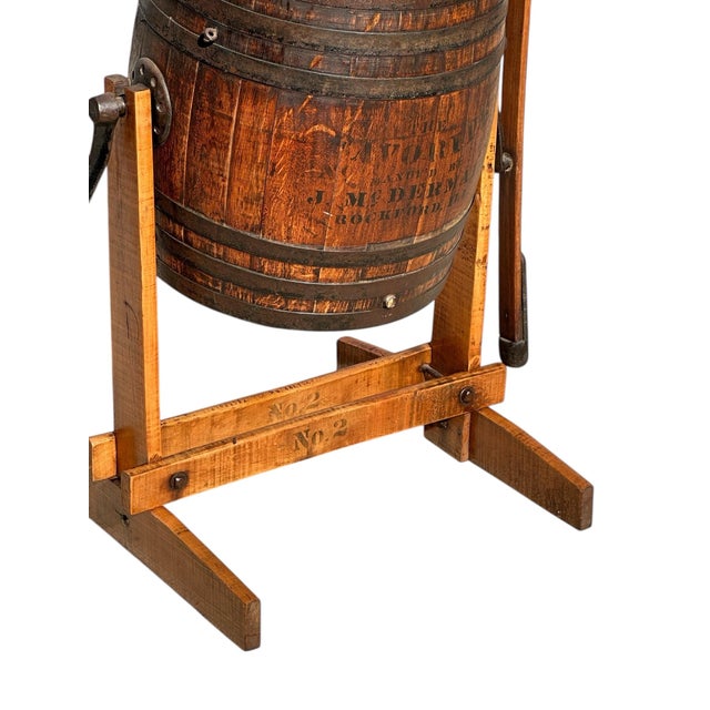 Farmhouse Antique Oaken Barrel Butter Churn on Tiger Maple Frame Showroom Quality For Sale - Image 3 of 12