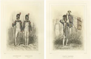 After Raffet, Napoleonic Foot Grenadiers Chasseur, Grenadier, and Flag Bearer, 1859, Print