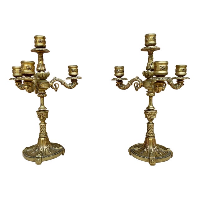 French Louis XVI Style 4 Light Candelabras in Gilt Bronze Set of 2 For Sale