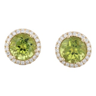 New 3.10ctw Round Peridot Diamond Halo Stud Earrings 14k Yellow Gold, Pair For Sale