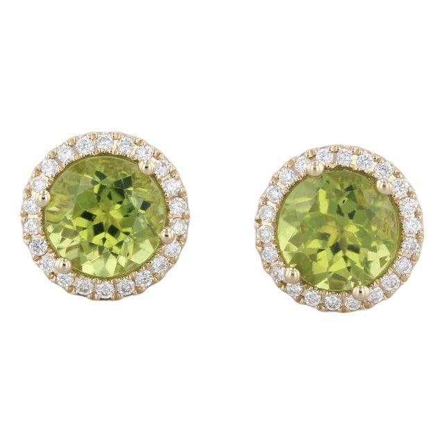 New 3.10ctw Round Peridot Diamond Halo Stud Earrings 14k Yellow Gold, Pair For Sale