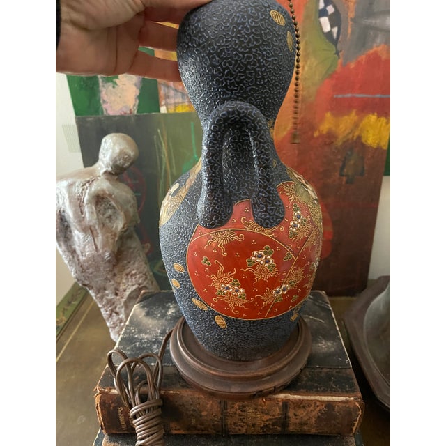 Antique Navy Blue Satsuma Lamp For Sale - Image 11 of 12