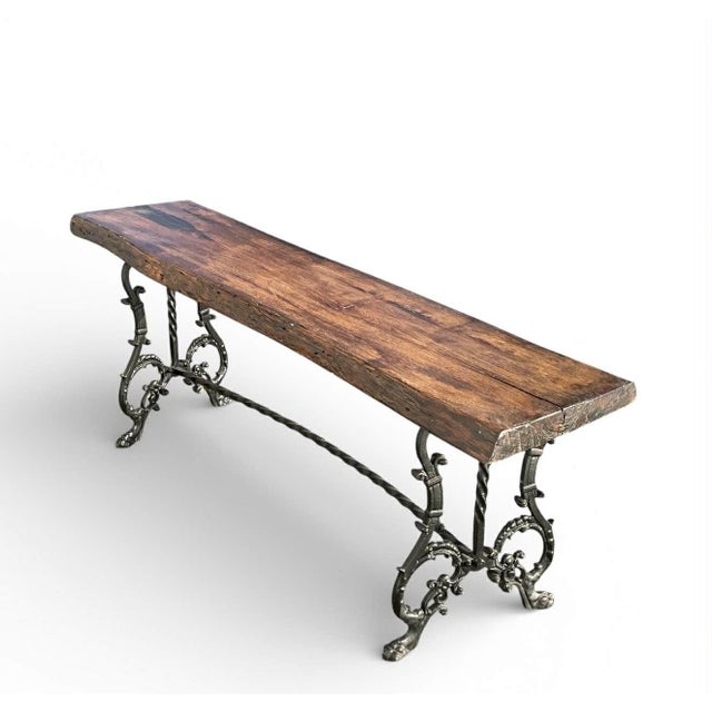 Rustic French Cast and Wrought Iron Live Edge Slab Bench For Sale - Image 4 of 8