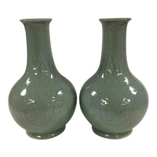 Floral Celadon Vases - A Pair For Sale