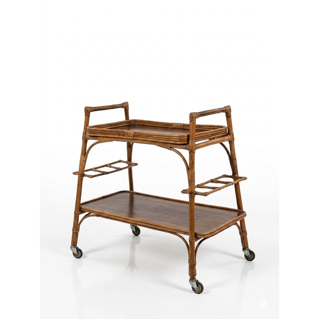 Bamboo and Wood Serving Cart, 1960s, in Very Good conditions. Designed 1960 to 1969