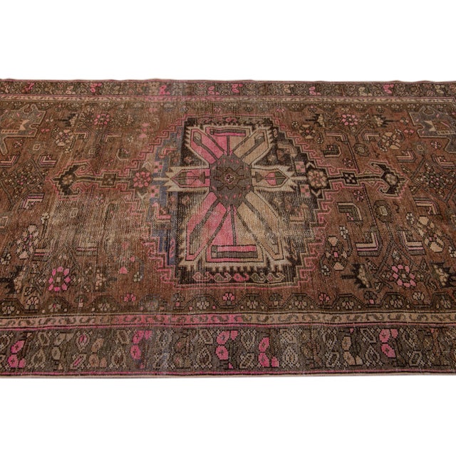 1960s 1960s Vintage Persian Distressed Handmade Geometric Brown Wool Rug For Sale - Image 5 of 7