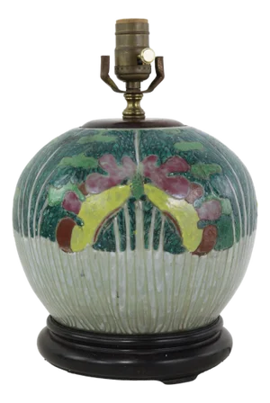 Antique Famille Rose Bok Choy Porcelain Table Lamp With Cabbage Leaf and Butterfly Motif