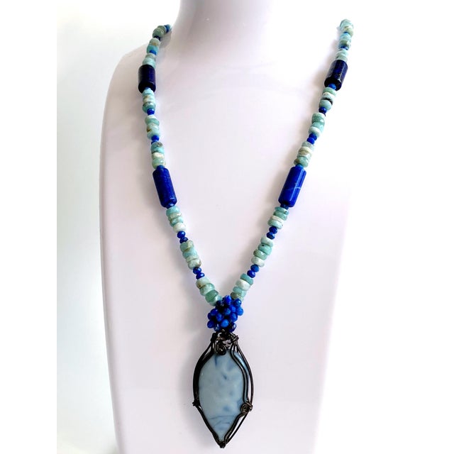 Blue Organic Modern Artisan Larimar, Lapis Lazuli & Herkimer Diamond Sterling Silver Statement Necklace For Sale - Image 8 of 17