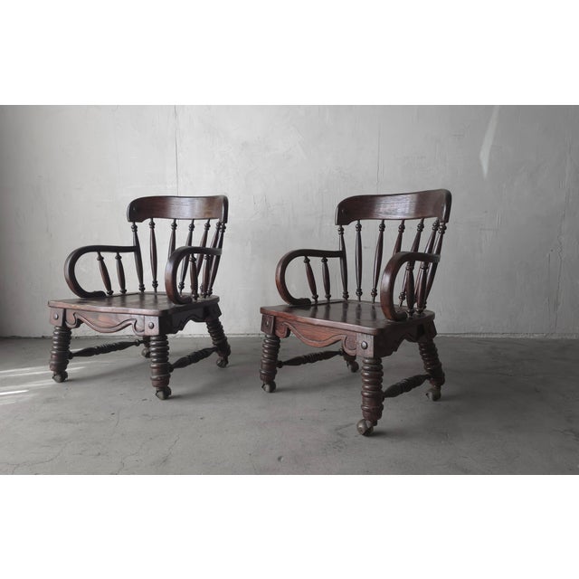 Early 20th Century Pair of Antique English Jacobean Windsor Lounge Chairs For Sale - Image 5 of 12