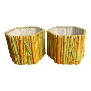 Pair Large Ceramic Faux Bamboo Planters