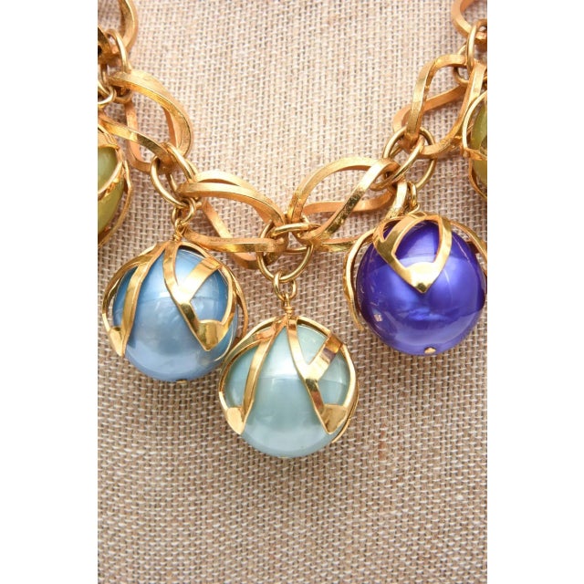1990s Vintage French Dominique Aurientis Gold Link With Blue, Green, Turquoise Resin Ball Necklace 80's For Sale - Image 5 of 9