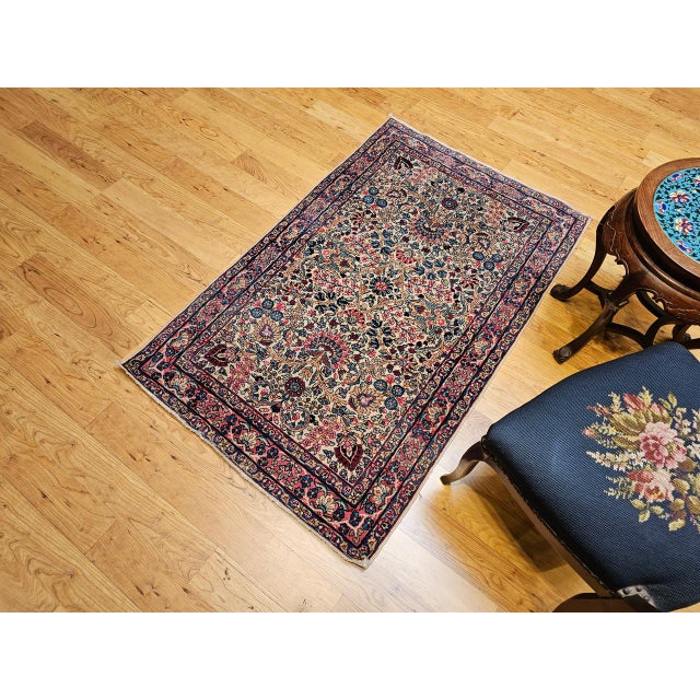 Ivory Vintage Persian Kerman Lavar Rug, Hand-Knotted Wool, Floral Pattern, Ivory & Blue, 3x5 For Sale - Image 8 of 12