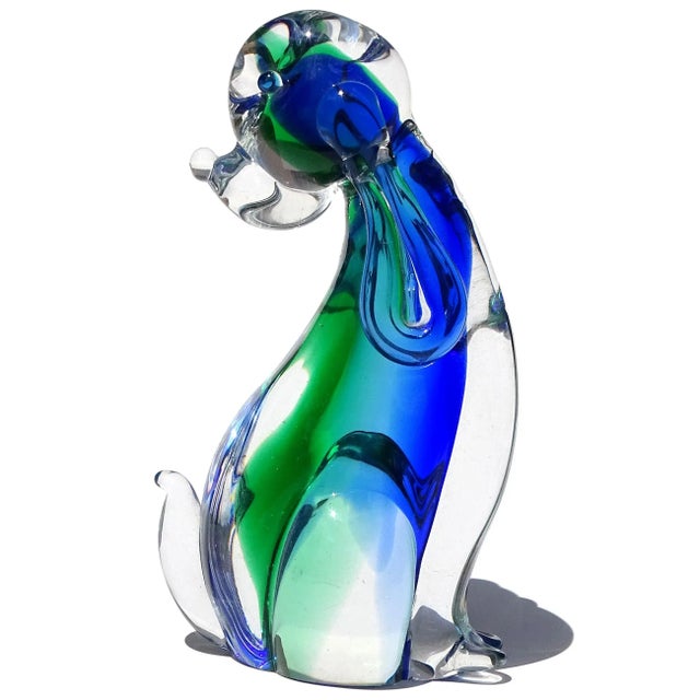 Beautiful vintage Murano hand blown Sommerso sapphire blue and emerald green Italian art glass puppy dog figurine /...