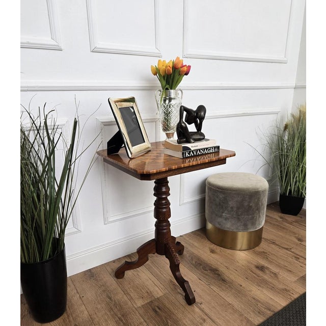 Italian Neoclassical Biedermeier Walnut Inlay Tripod Chess Games or Side Table, 1950s For Sale - Image 4 of 9