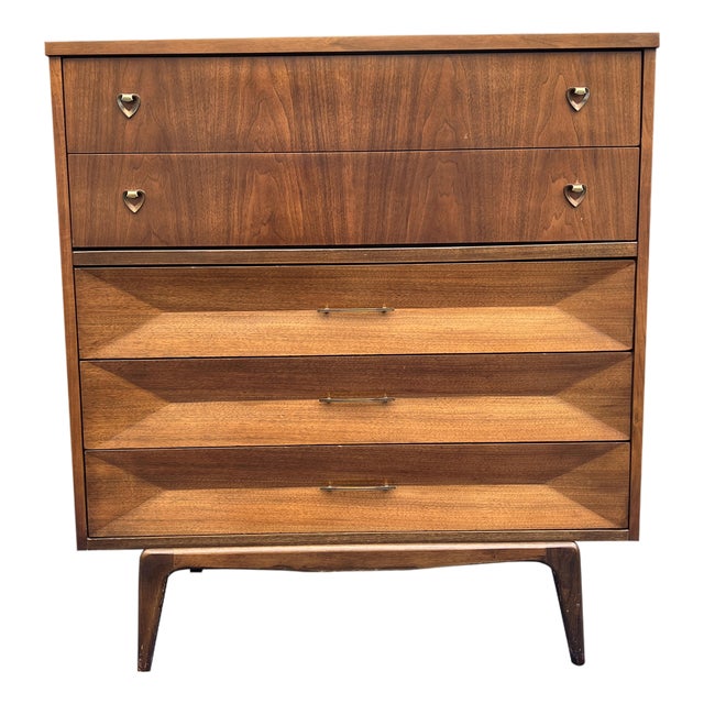 Mid Century Modern Vintage Tall Dresser High Boy in Albert Parvin Style Sculpted Design For Sale