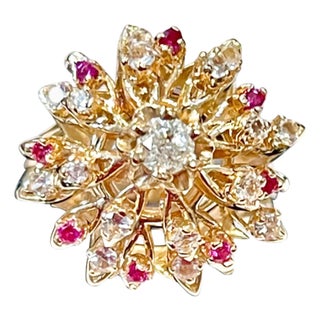 Natural Ruby and Diamond 14 Karat Yellow Gold Flower Cocktail Ring For Sale
