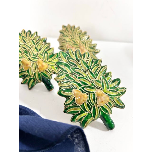 Vintage Cloisonné Christmas Tree Napkin Rings With Golden Pears, Set of 4 For Sale - Image 4 of 9