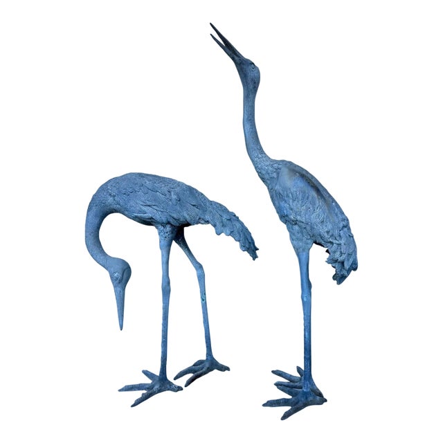 1920s Monumental Pair of Life-Size Bronze Crane Garden Sculptures With Verdigris... For Sale